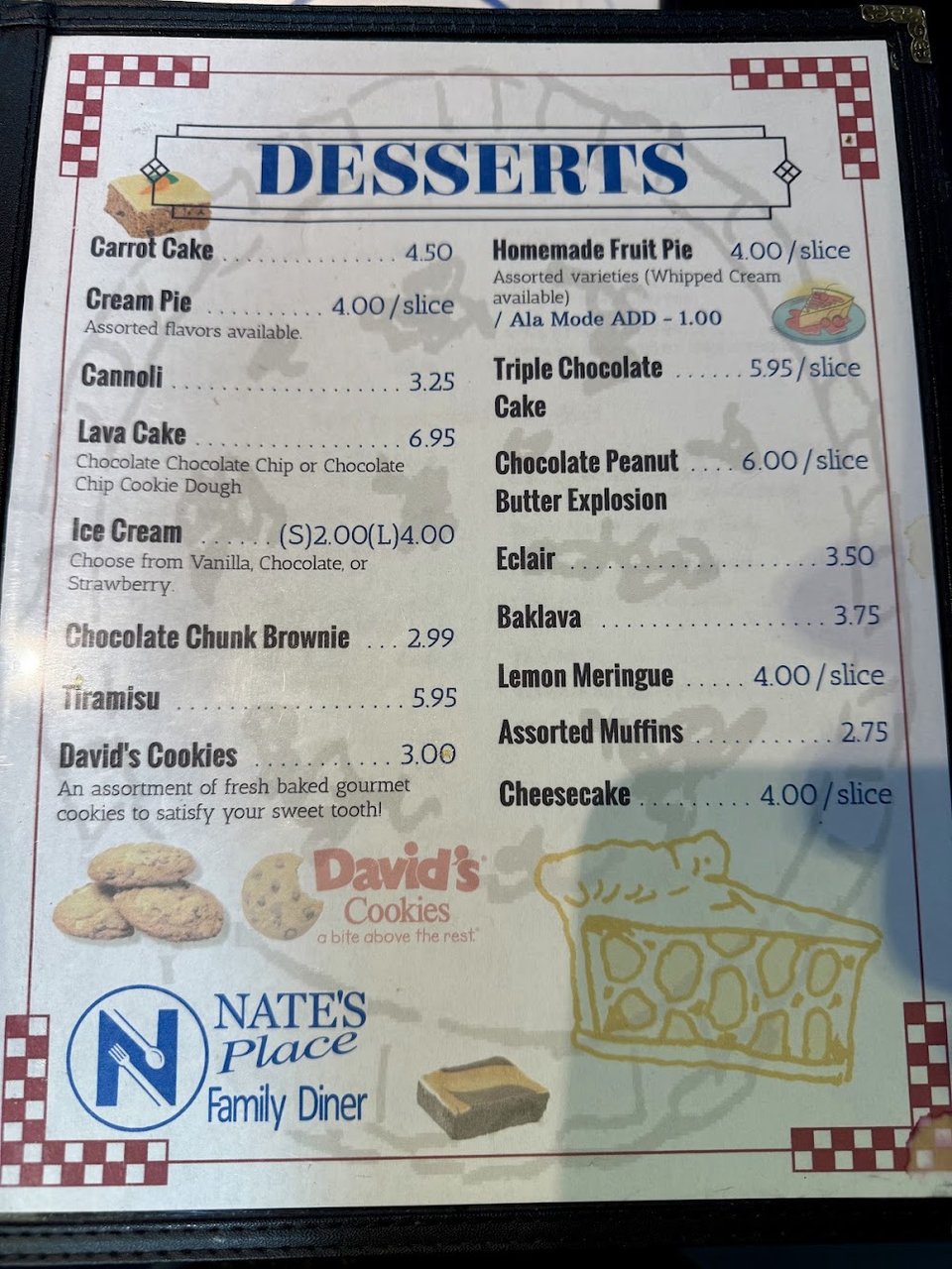 Printed menu showing diner favorites and sides.