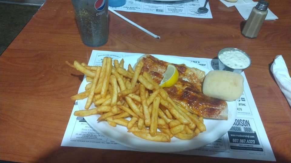 Broiled Haddock and Chips and Biscuit